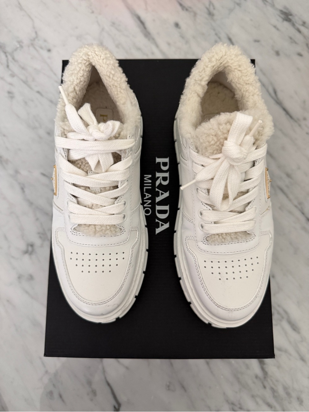 Prada White Leather Shearling-Lined Sneakers